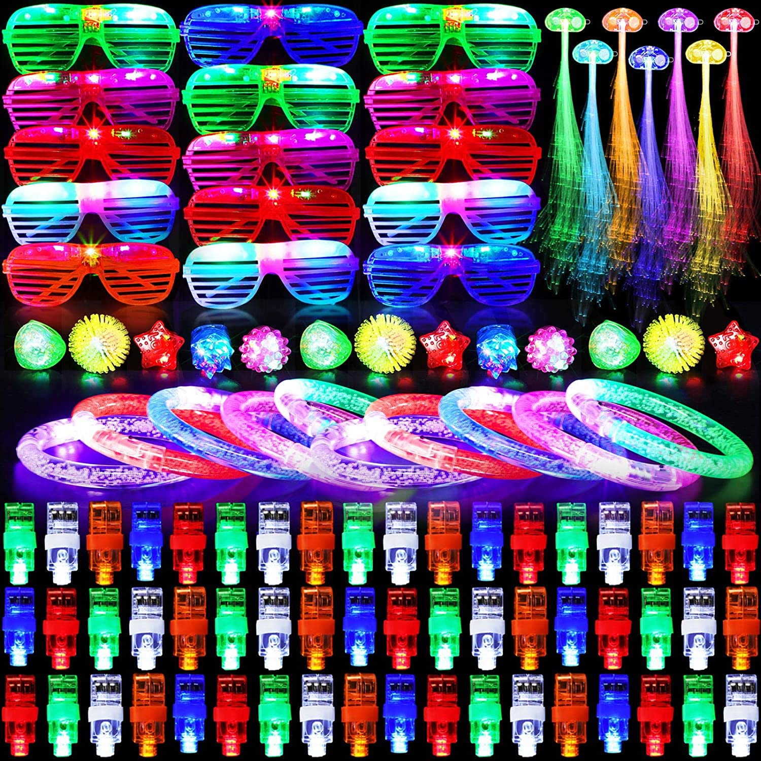 150 Packs LED Light Up Toy Party Favors Glow In The Dark Party Supplies -  100 Finger Lights 15 Jelly Ring 15 Glasses 10 Bracelet 10 Fiber Optic Hair  Light for Adult Kids Birthday Party 